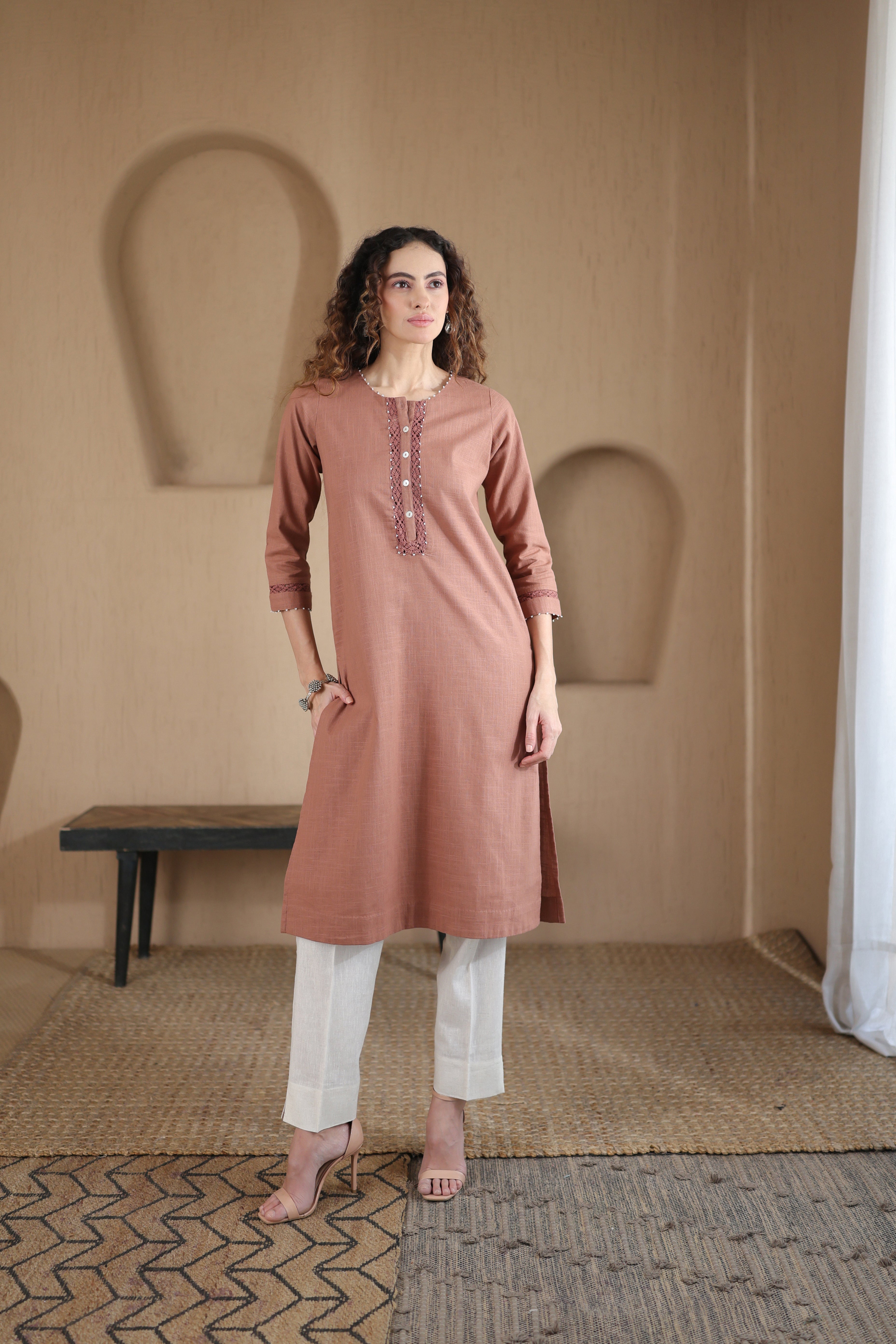 Afsana Kurta with Pearl and Lace - Terracotta