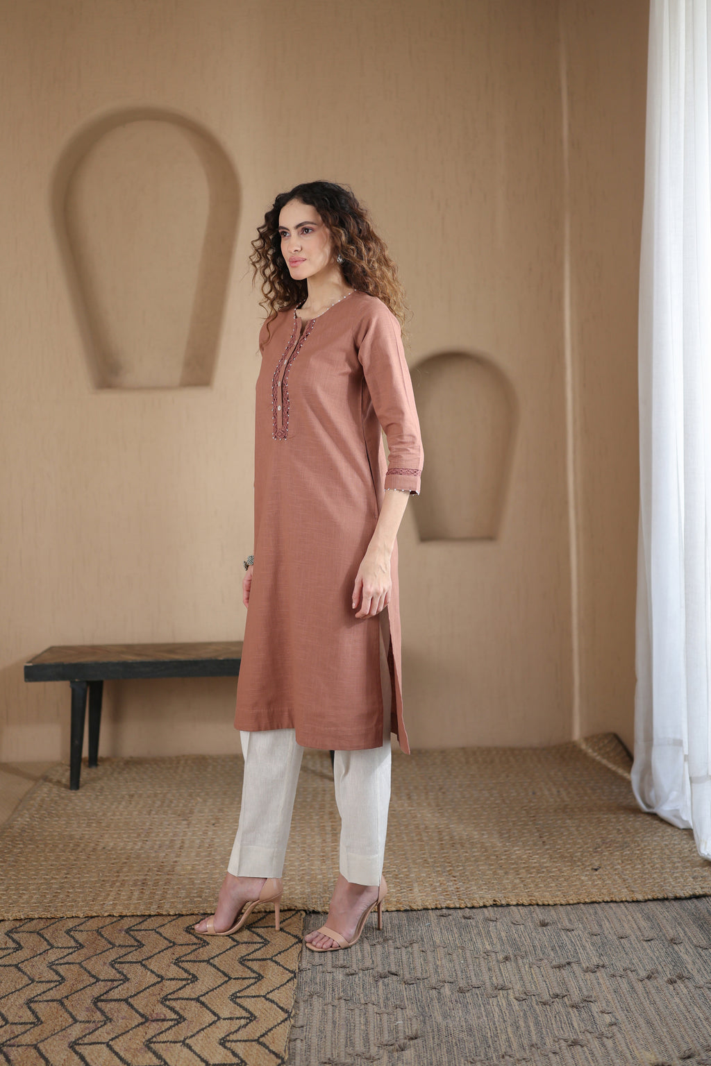 Afsana Kurta with Pearl and Lace - Terracotta