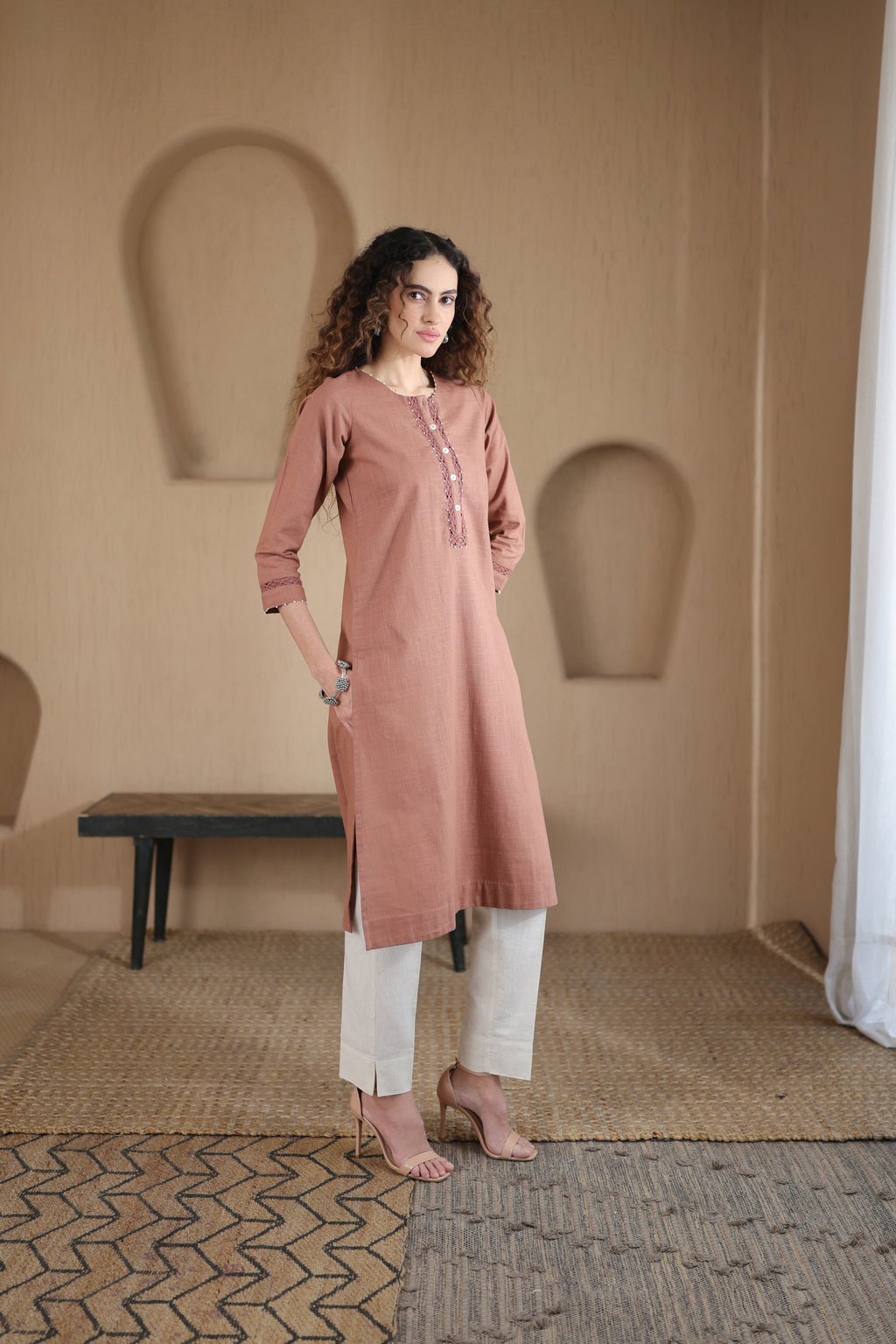 Afsana Kurta with Pearl and Lace - Terracotta