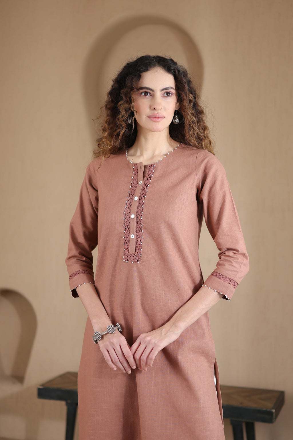 Afsana Kurta with Pearl and Lace - Terracotta