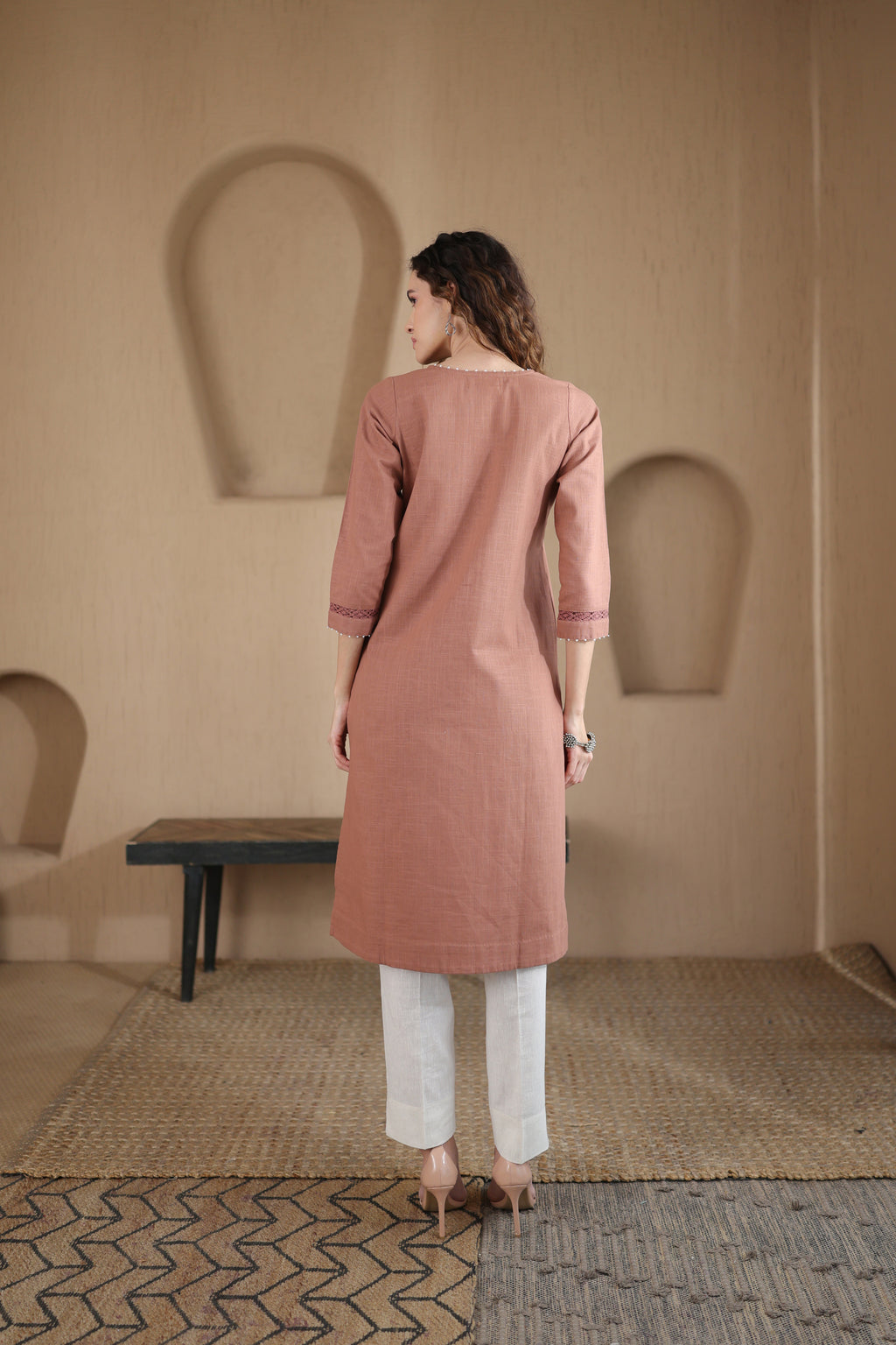 Afsana Kurta with Pearl and Lace - Terracotta
