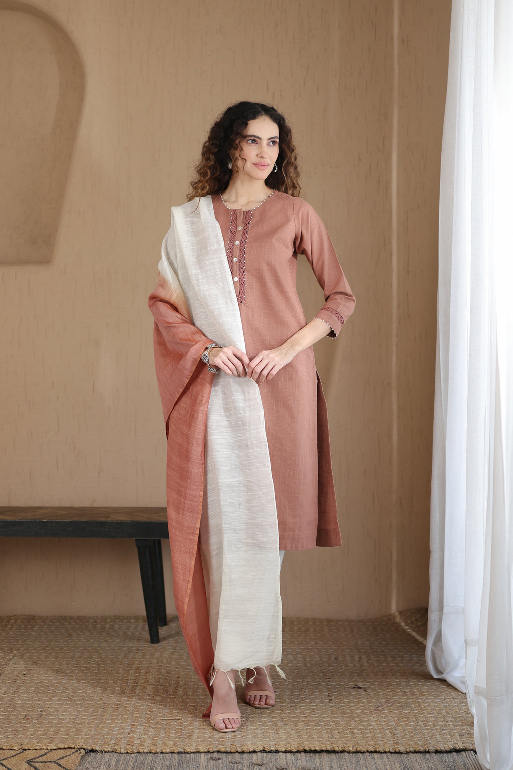 Afsana Kurta with Pearl and Lace - Terracotta