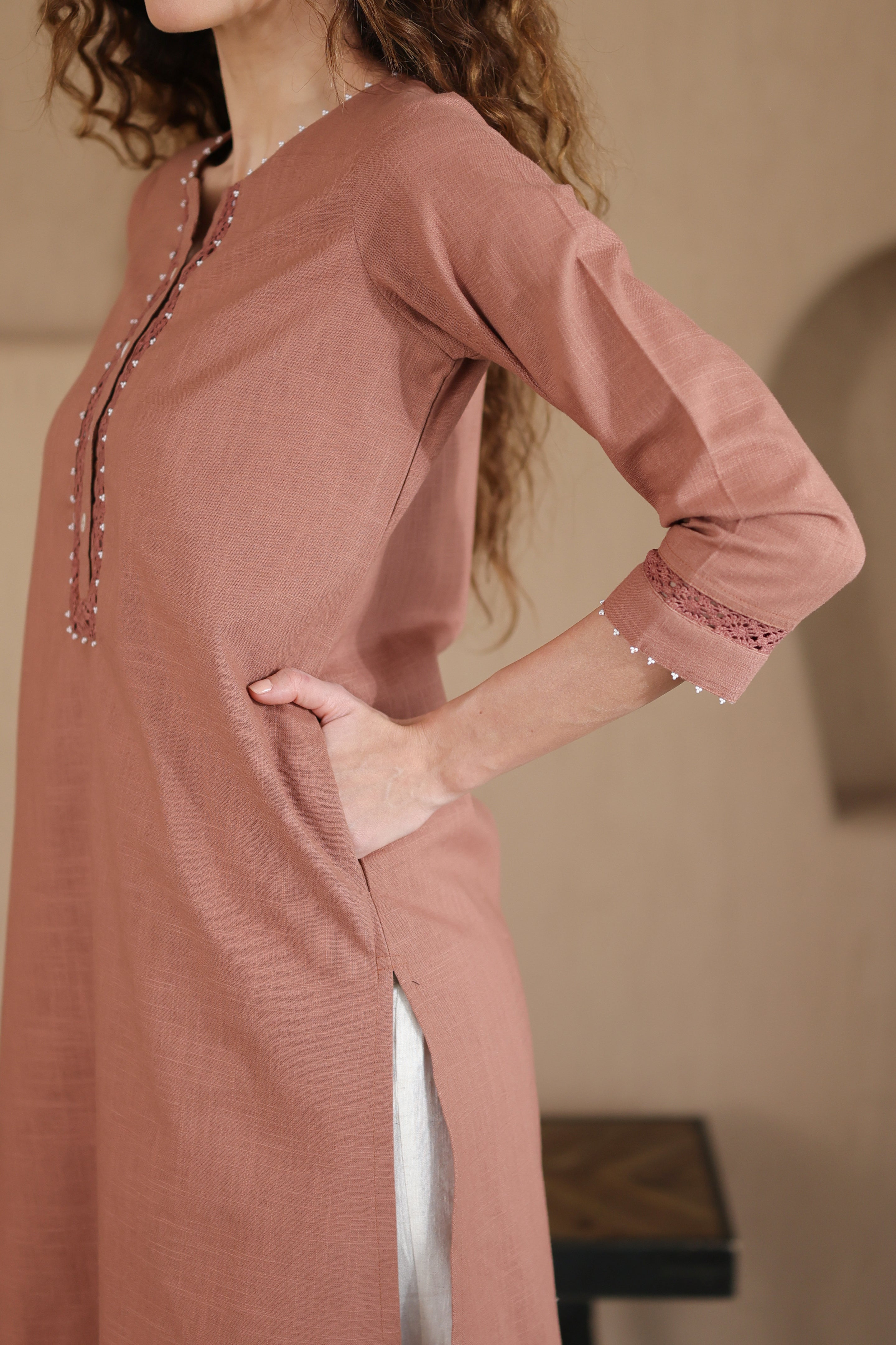 Afsana Kurta with Pearl and Lace - Terracotta