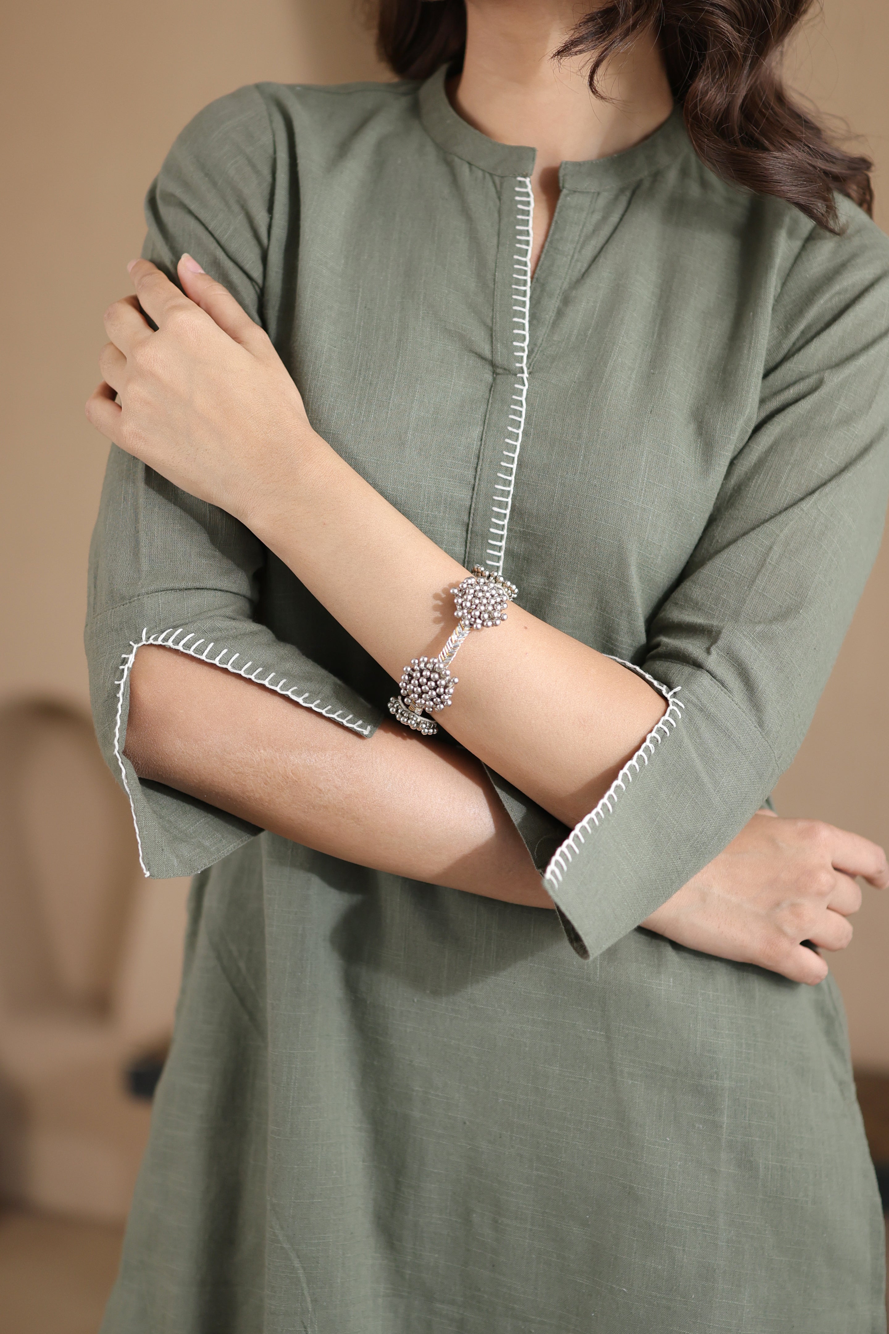 Afsana Kurta with Blanket Stitch - Beige Striped or Green