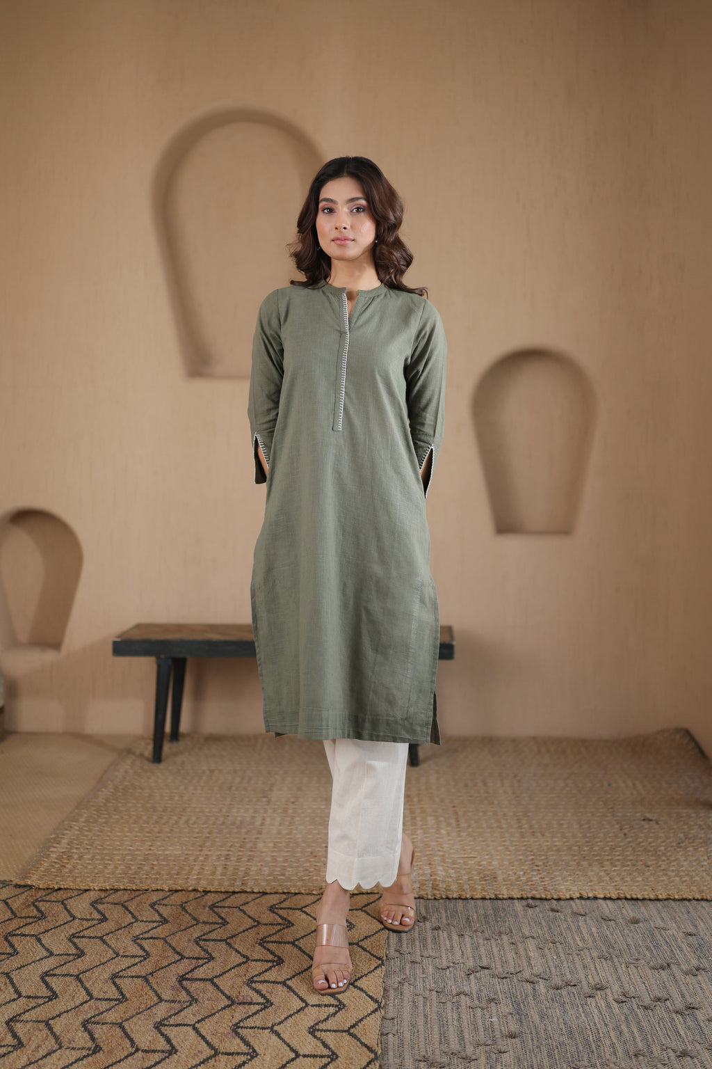 Afsana Kurta with Blanket Stitch - Beige Striped or Green