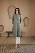 Afsana Kurta with Blanket Stitch - Beige Striped or Green