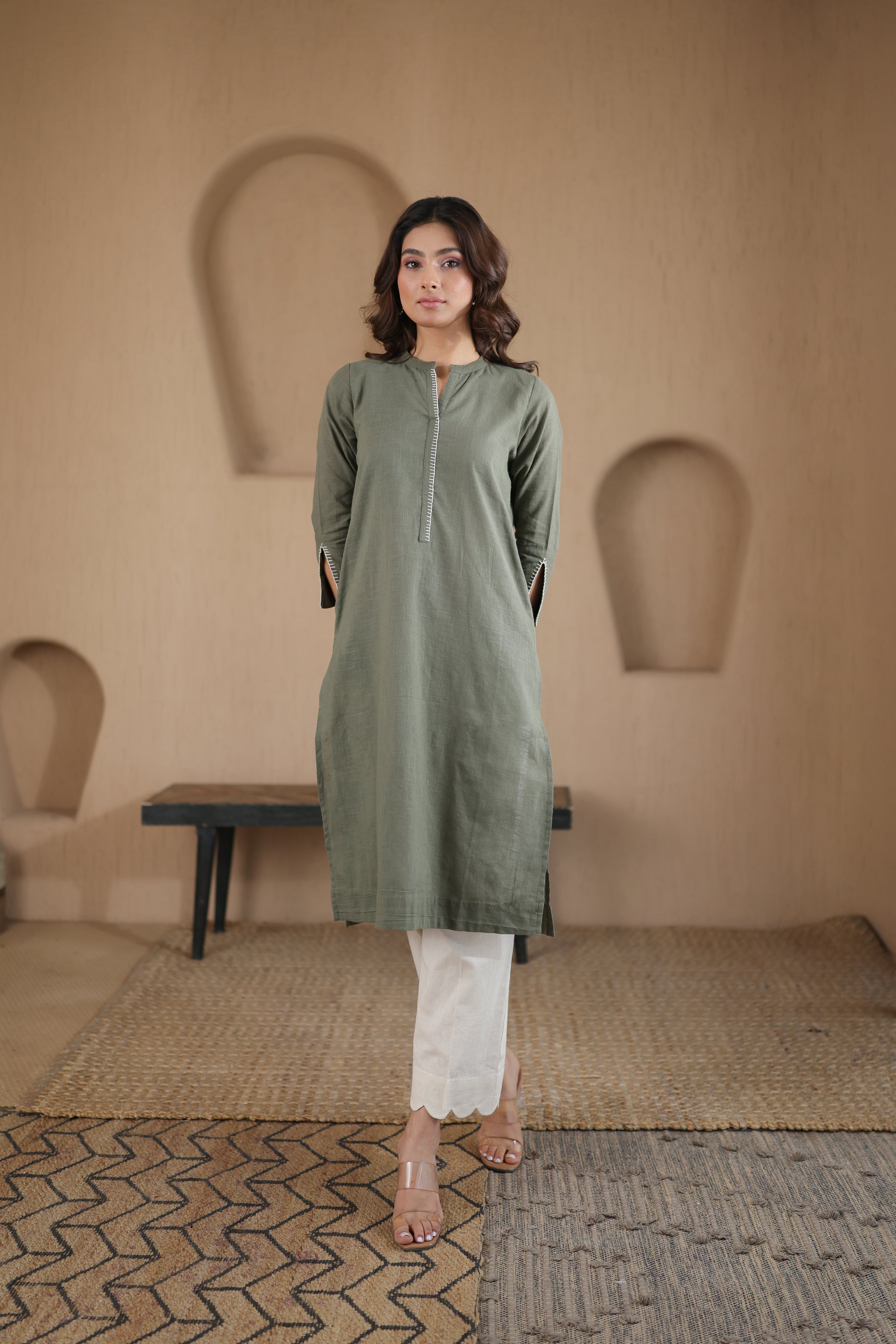 Afsana Kurta with Blanket Stitch - Beige Striped or Green