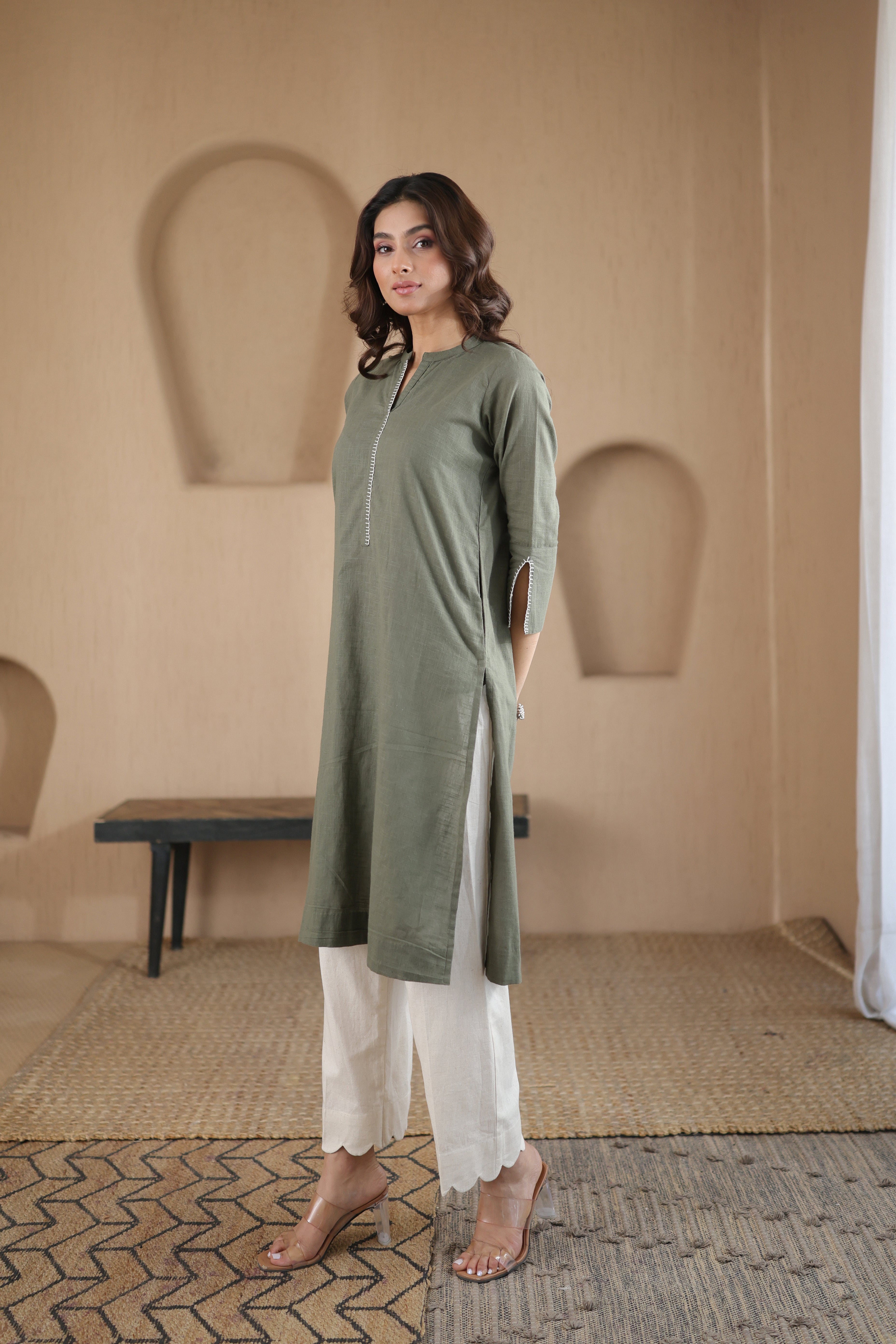 Afsana Kurta with Blanket Stitch - Beige Striped or Green