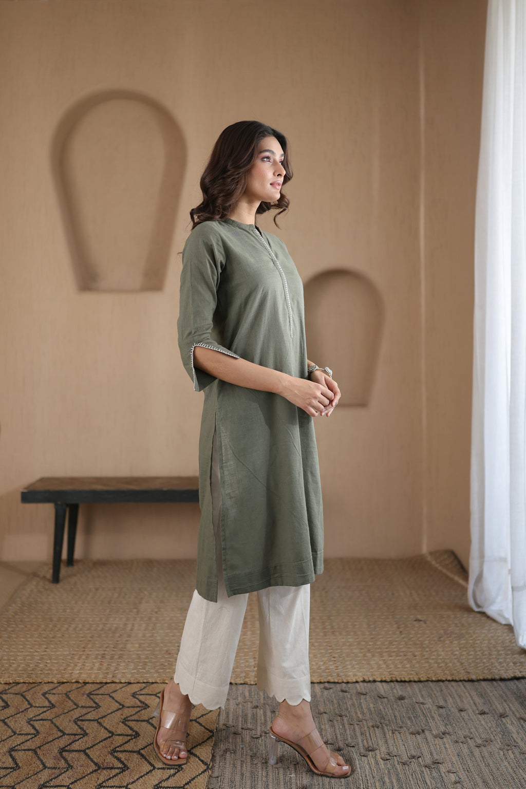 Afsana Kurta with Blanket Stitch - Beige Striped or Green