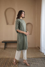 Afsana Kurta with Blanket Stitch - Beige Striped or Green