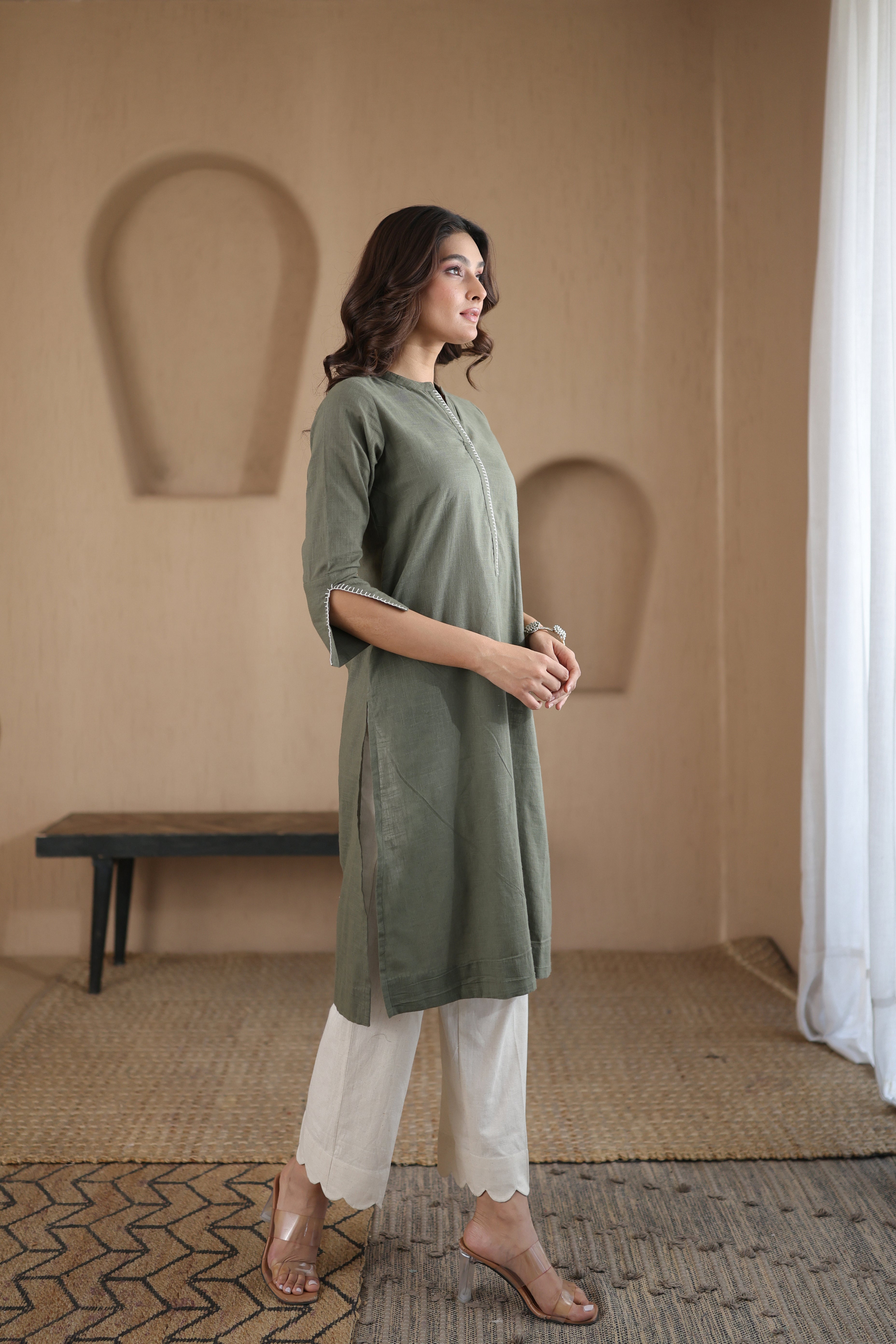 Afsana Kurta with Blanket Stitch - Beige Striped or Green