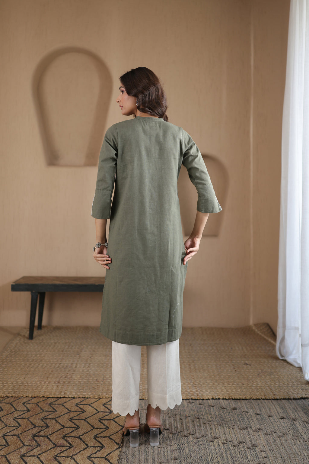 Afsana Kurta with Blanket Stitch - Beige Striped or Green