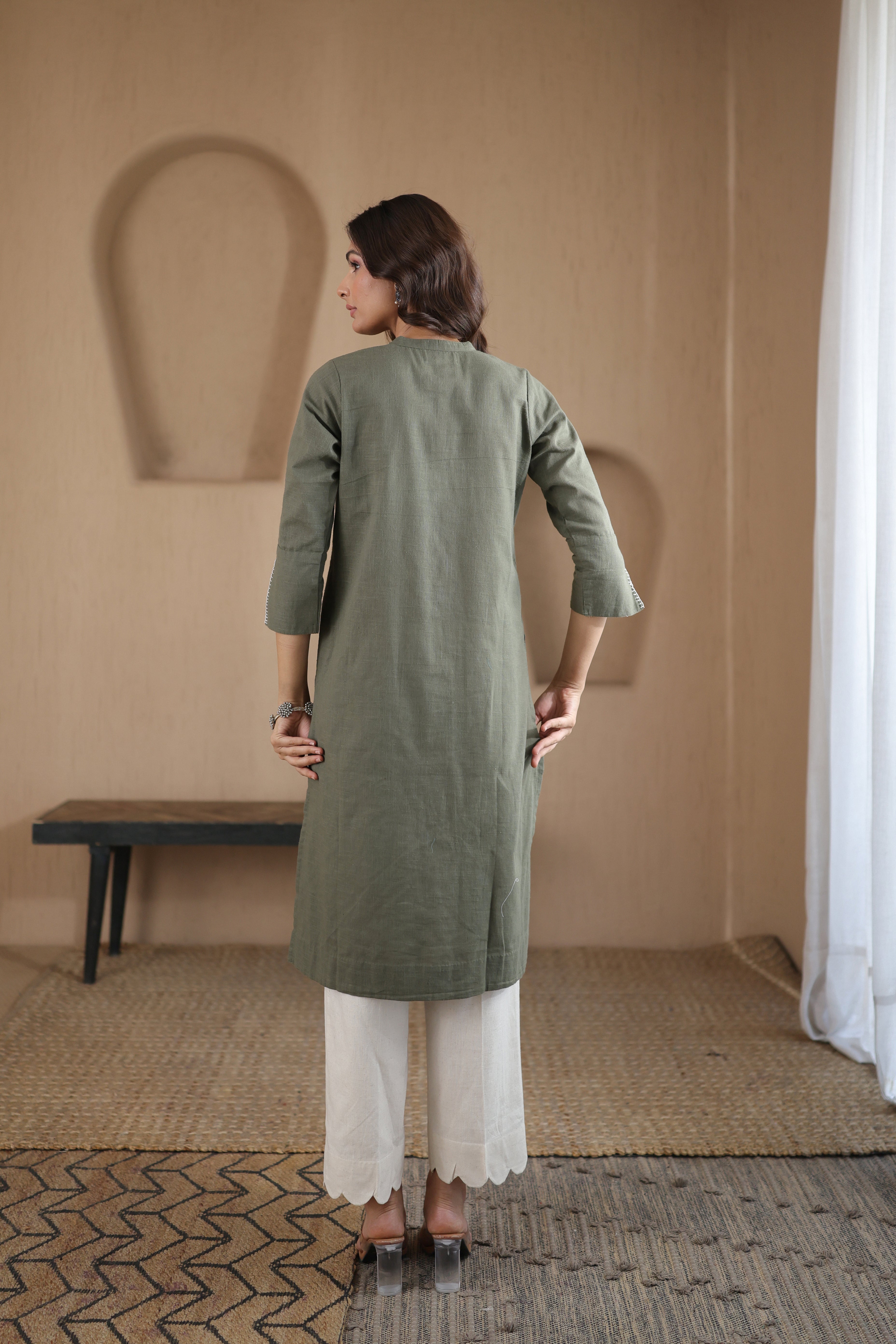 Afsana Kurta with Blanket Stitch - Beige Striped or Green
