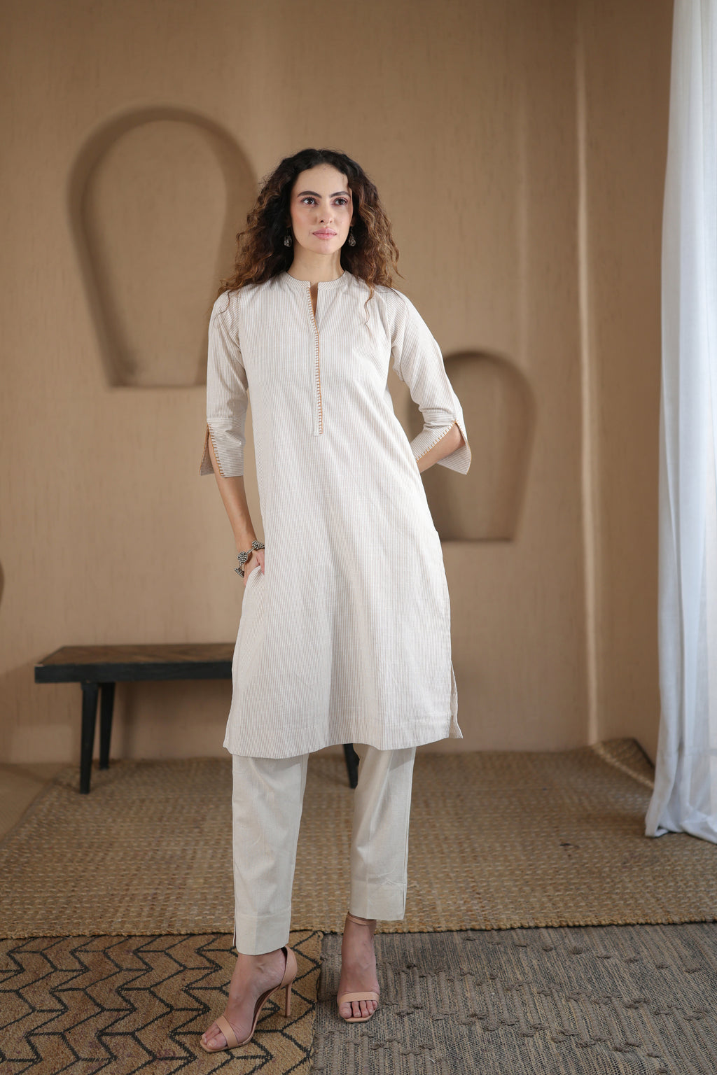 Afsana Kurta with Blanket Stitch - Beige Striped or Green