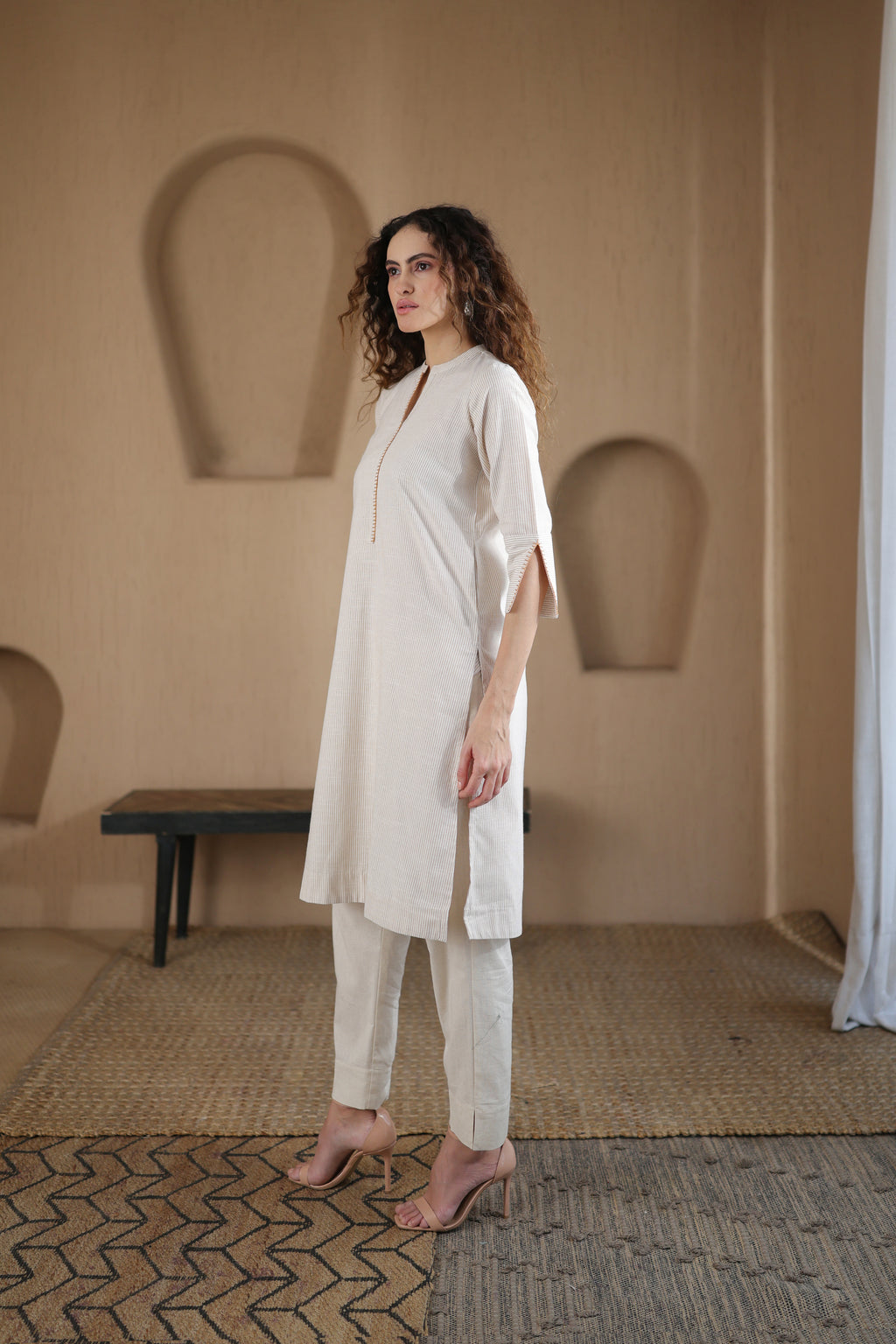 Afsana Kurta with Blanket Stitch - Beige Striped or Green
