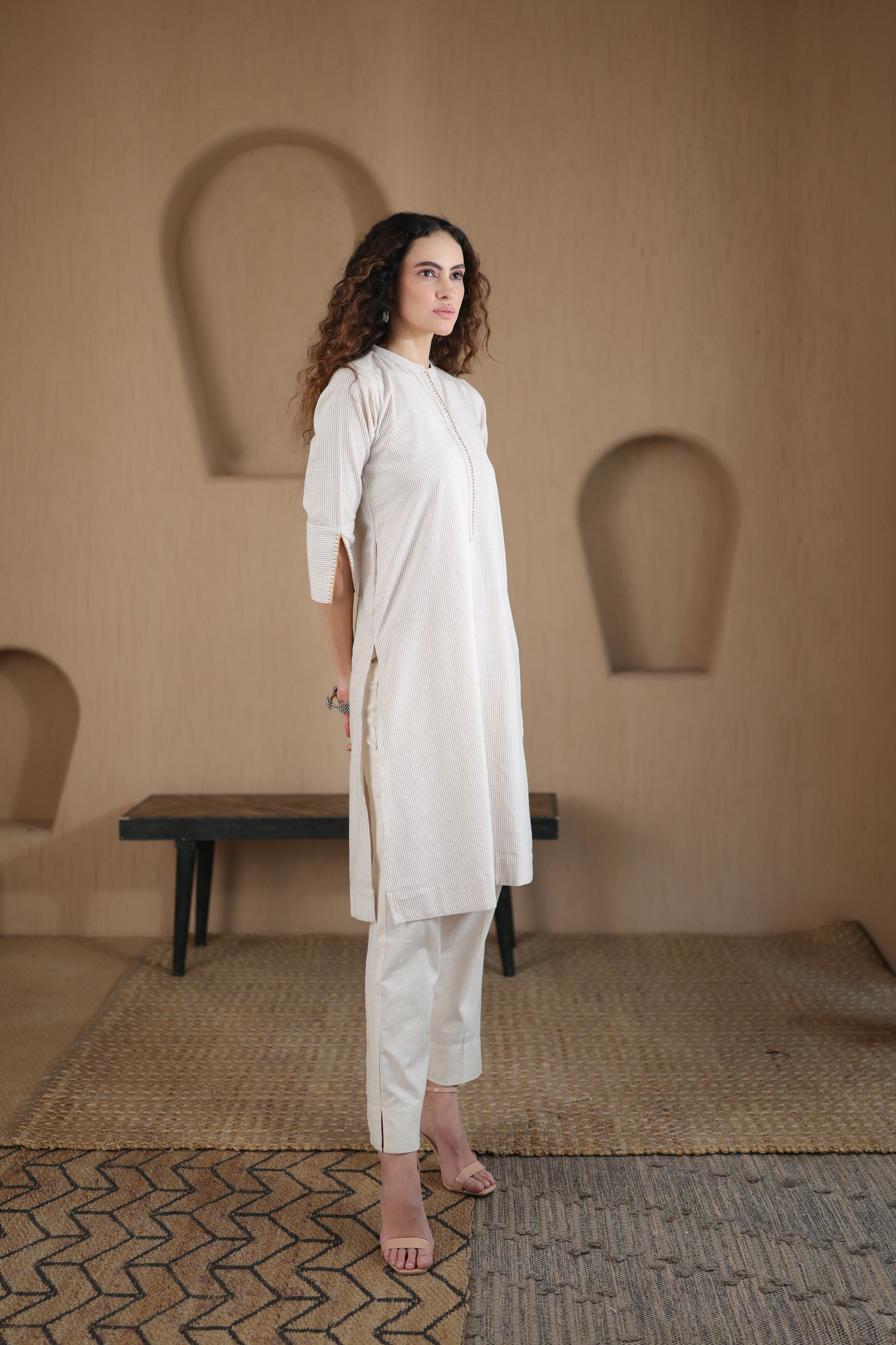Afsana Kurta with Blanket Stitch - Beige Striped or Green