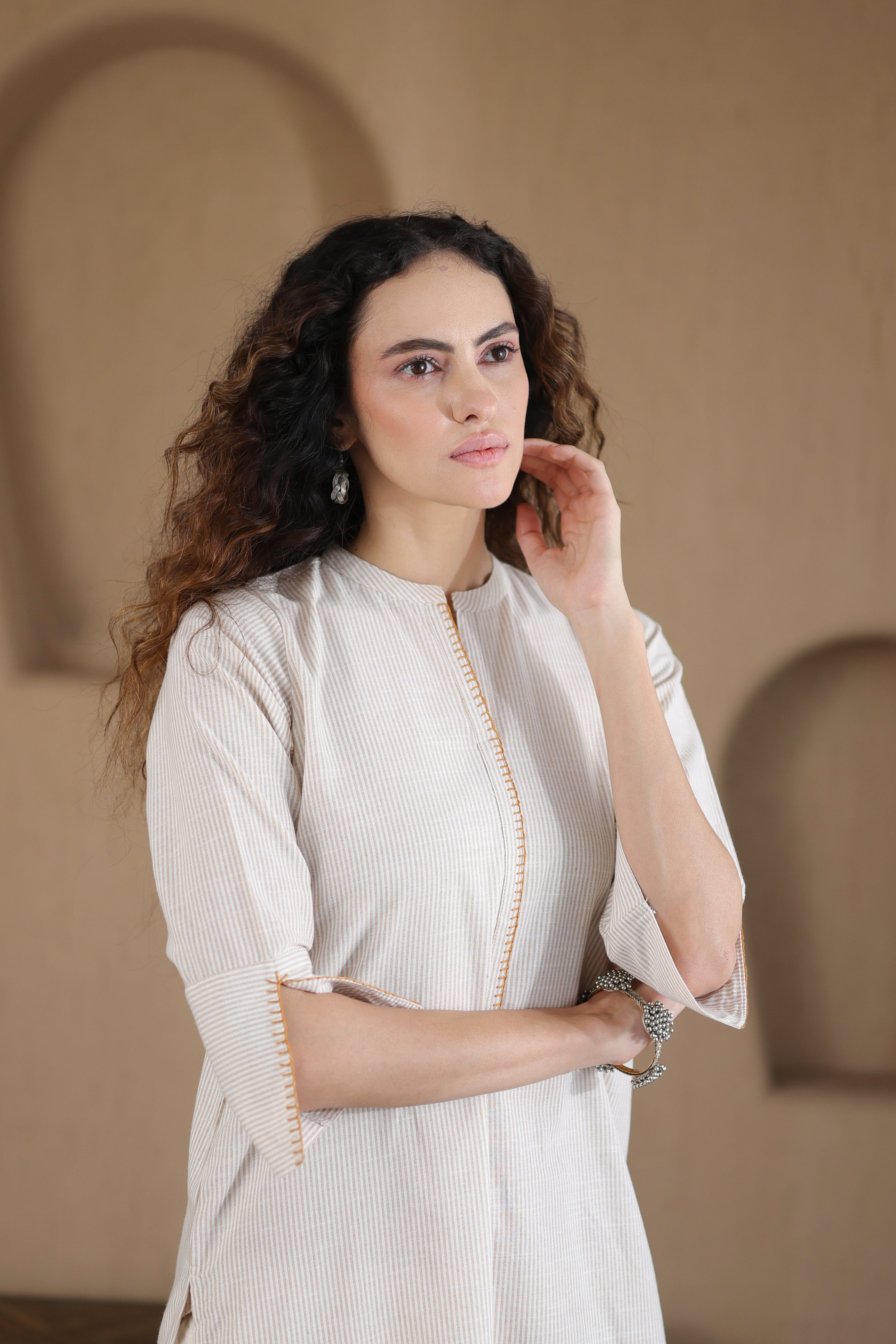Afsana Kurta with Blanket Stitch - Beige Striped or Green