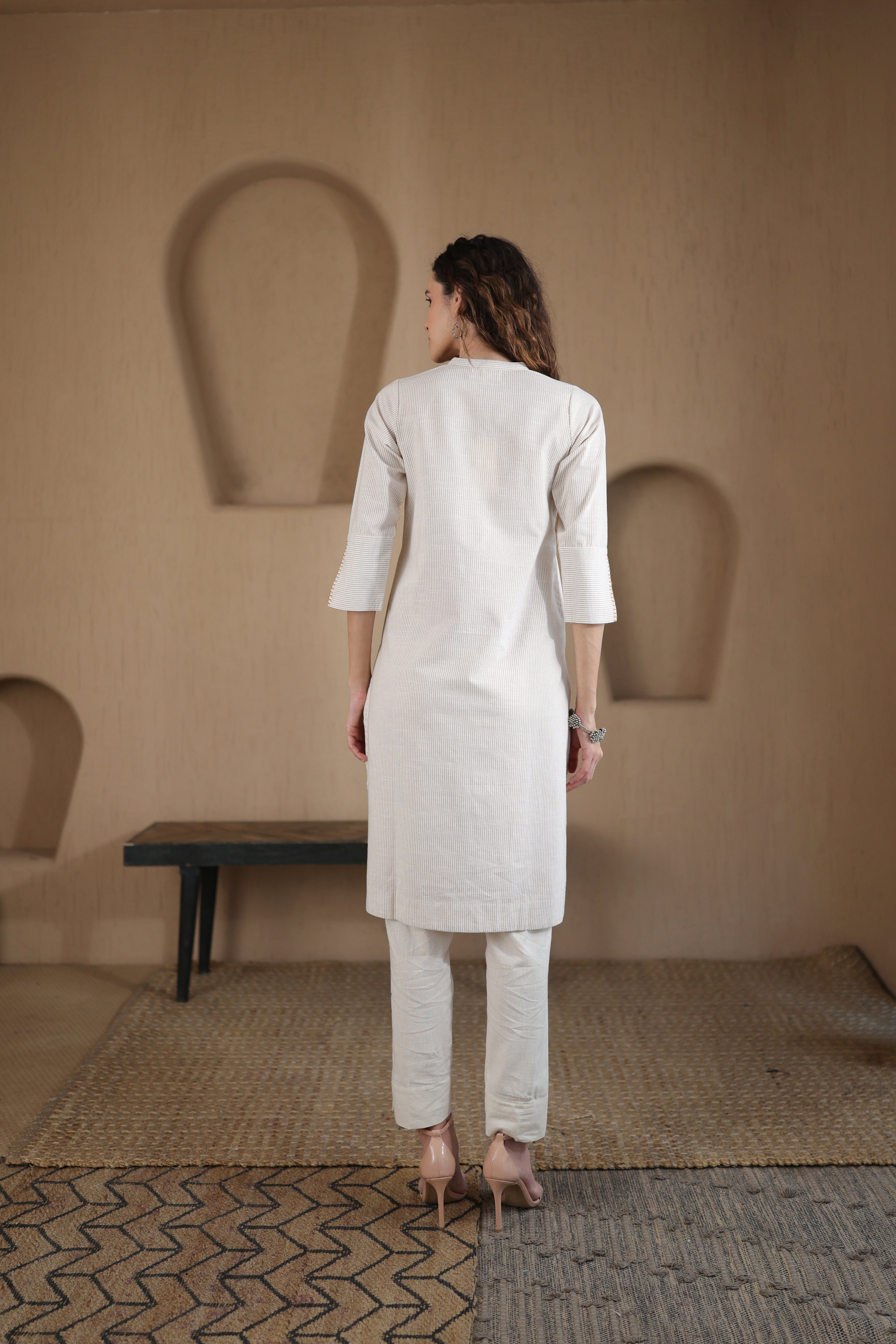 Afsana Kurta with Blanket Stitch - Beige Striped or Green
