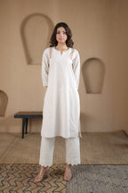 Nura Linen Kurta with Gul Kandh Detailing - Black or Beige Striped