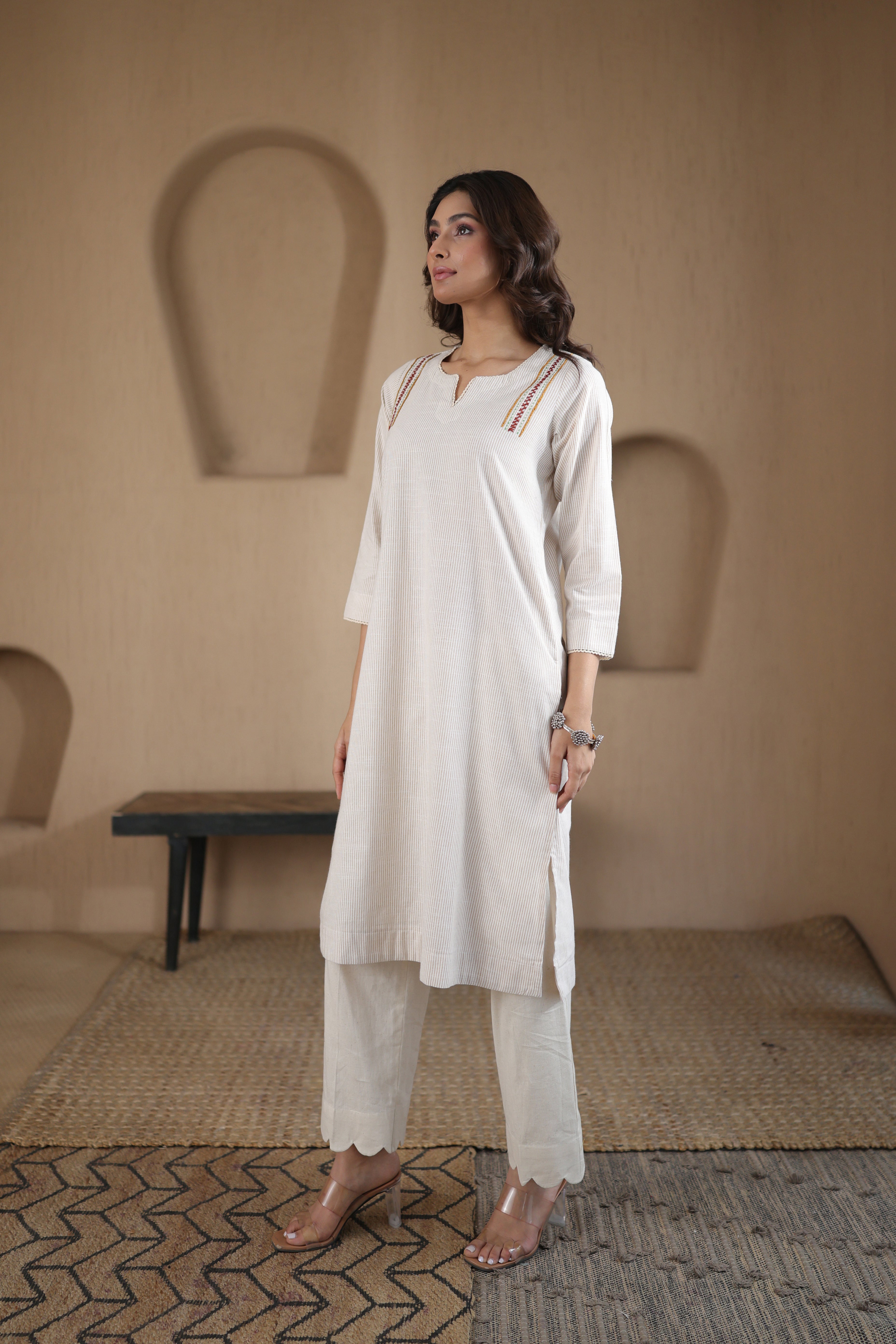 Nura Linen Kurta with Gul Kandh Detailing - Black or Beige Striped