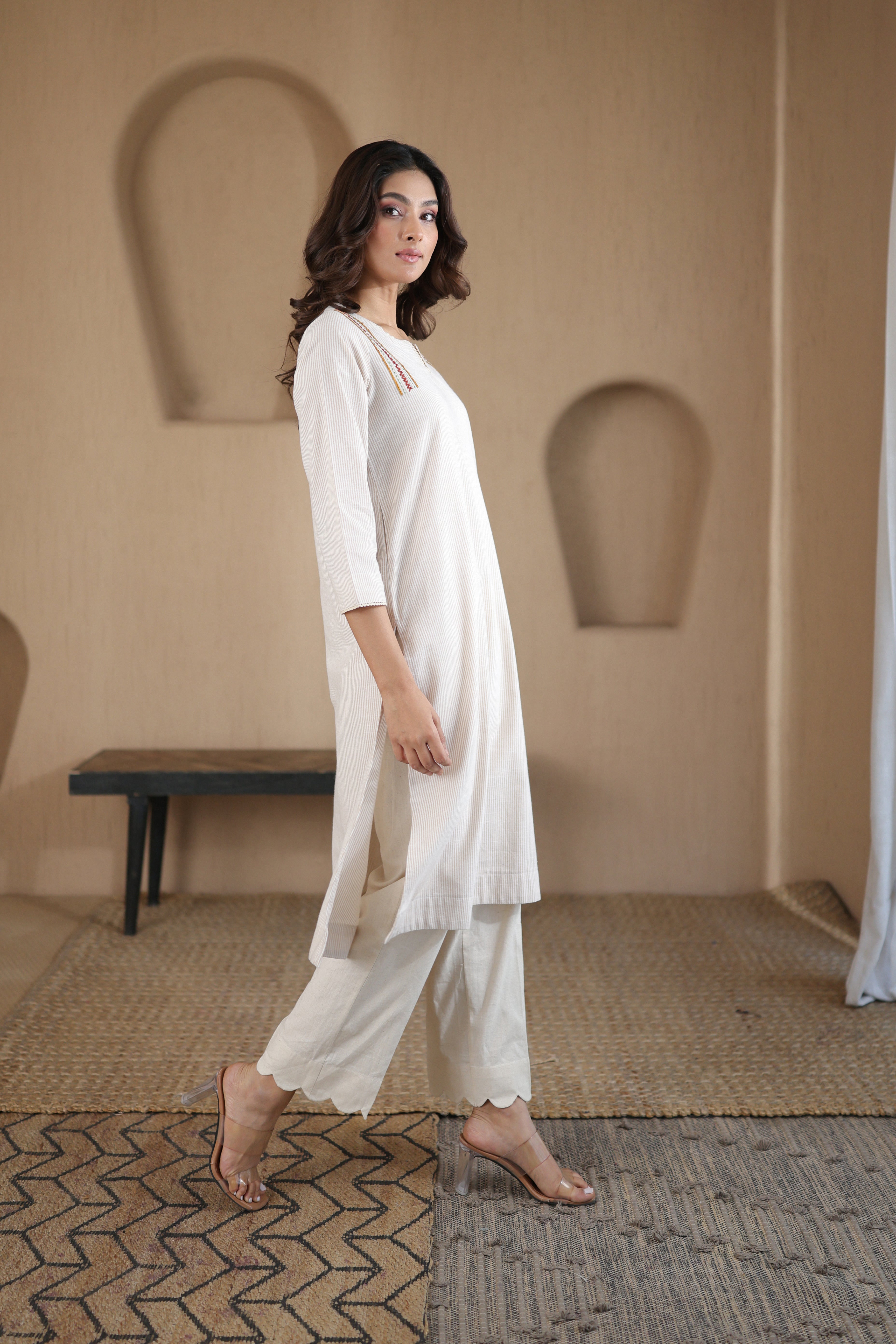 Nura Linen Kurta with Gul Kandh Detailing - Black or Beige Striped