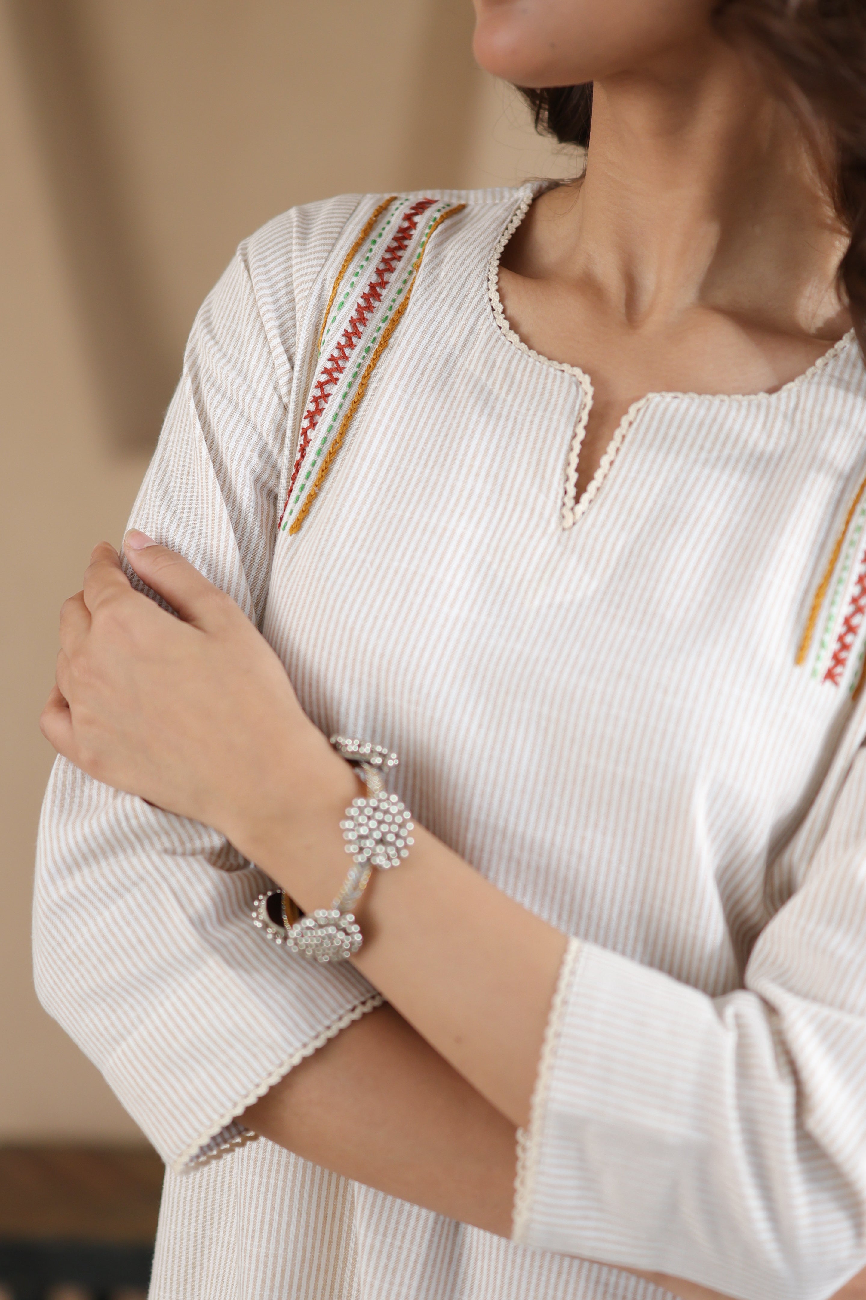 Nura Linen Kurta with Gul Kandh Detailing - Black or Beige Striped