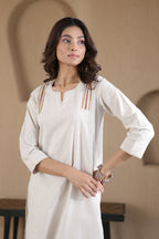 Nura Linen Kurta with Gul Kandh Detailing - Black or Beige Striped