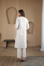 Nura Linen Kurta with Gul Kandh Detailing - Black or Beige Striped