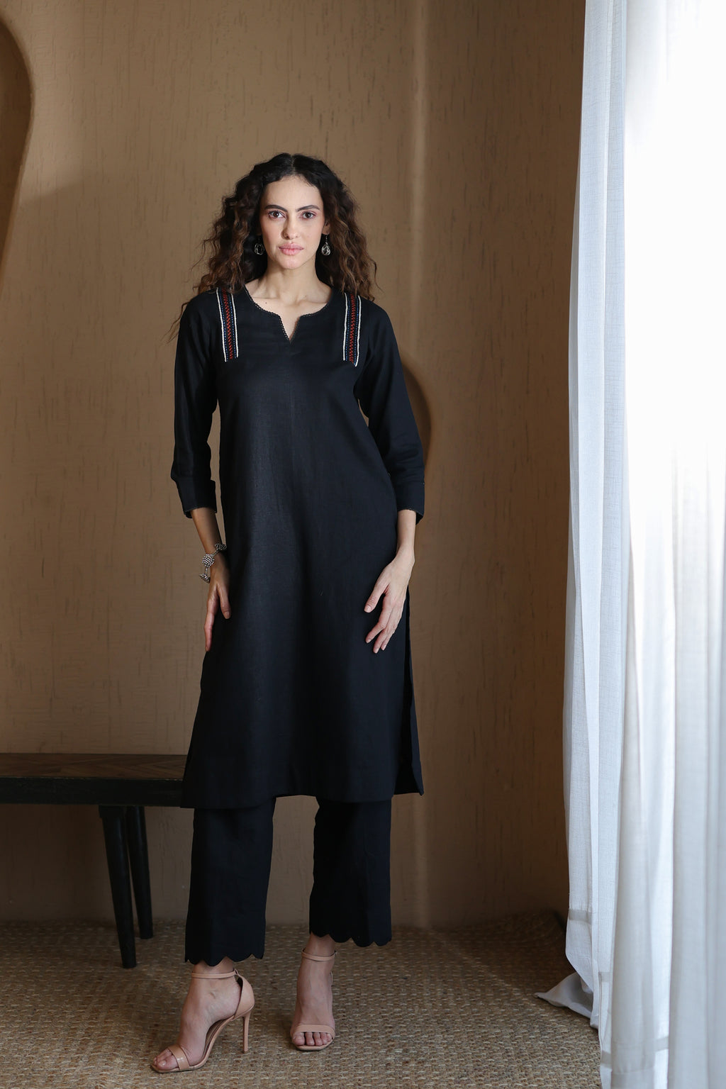 Nura Linen Kurta with Gul Kandh Detailing - Black or Beige Striped