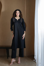 Nura Linen Kurta with Gul Kandh Detailing - Black or Beige Striped