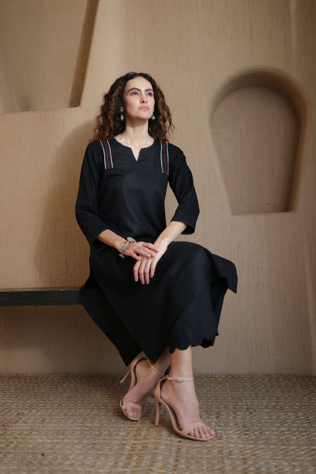 Nura Linen Kurta with Gul Kandh Detailing - Black or Beige Striped