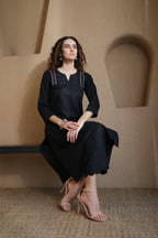 Nura Linen Kurta with Gul Kandh Detailing - Black or Beige Striped