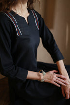 Nura Linen Kurta with Gul Kandh Detailing - Black or Beige Striped