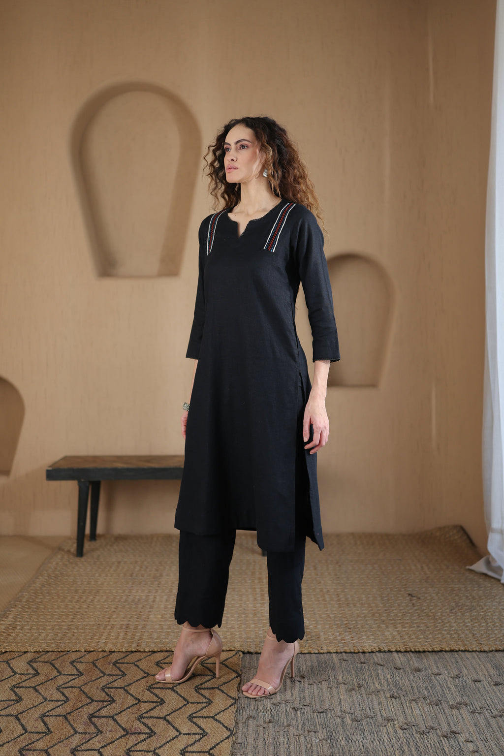 Nura Linen Kurta with Gul Kandh Detailing - Black or Beige Striped
