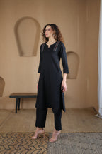 Nura Linen Kurta with Gul Kandh Detailing - Black or Beige Striped
