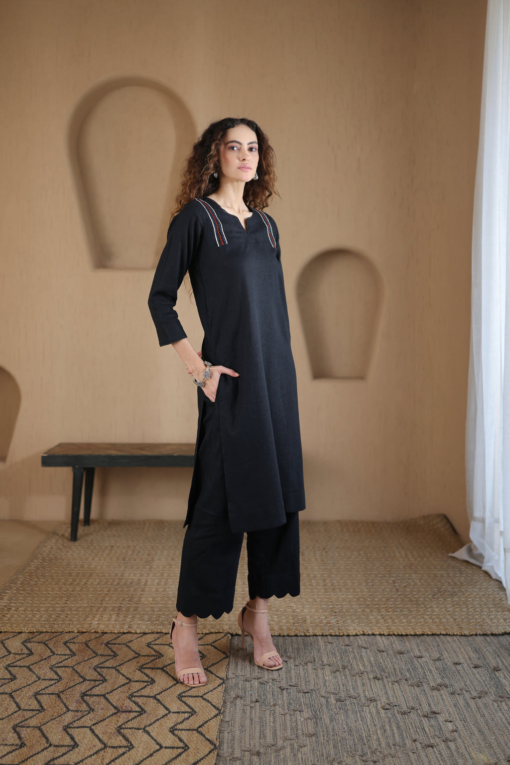 Nura Linen Kurta with Gul Kandh Detailing - Black or Beige Striped
