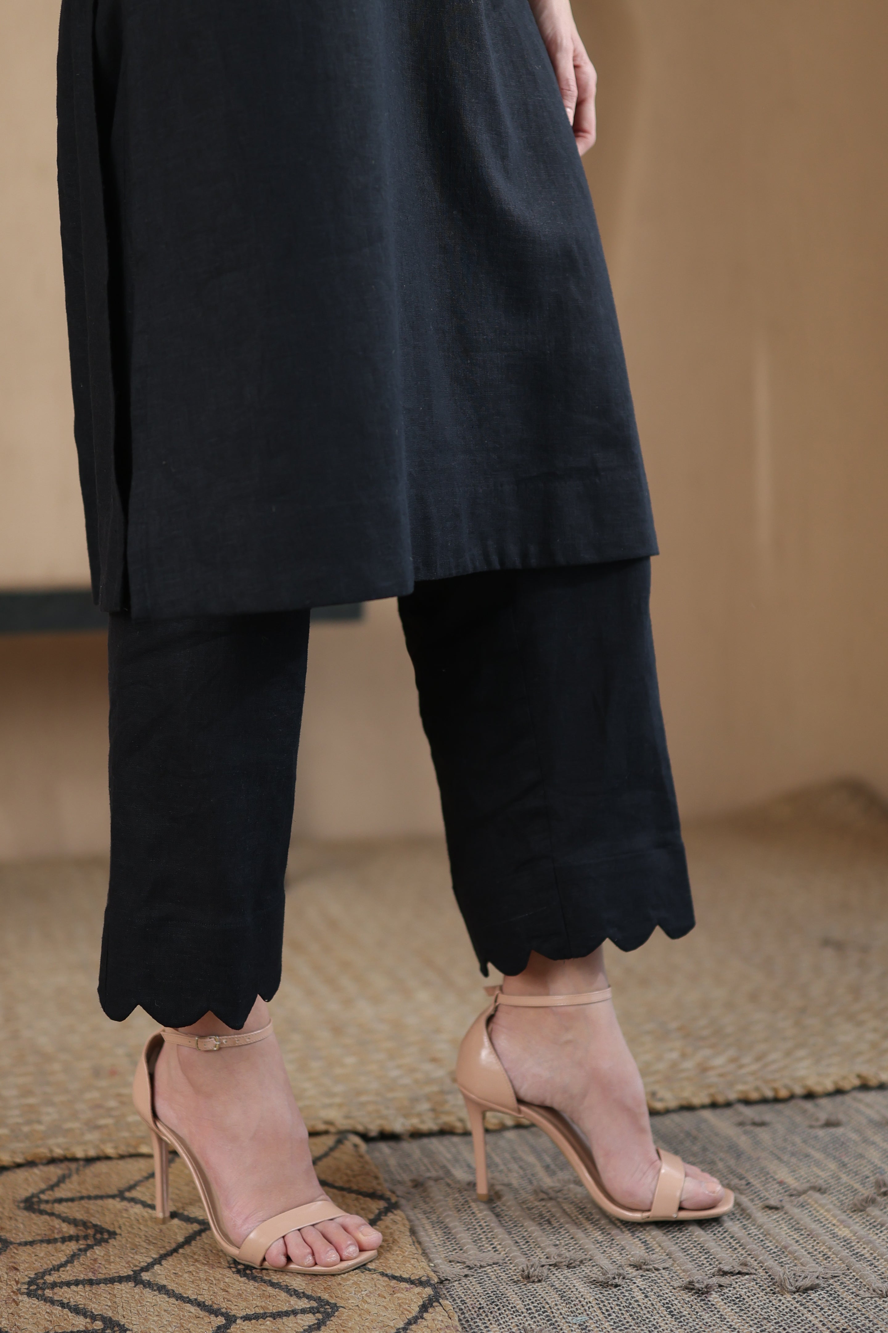 Nura Linen Kurta with Gul Kandh Detailing - Black or Beige Striped