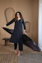 Nura Linen Kurta with Gul Kandh Detailing - Black or Beige Striped