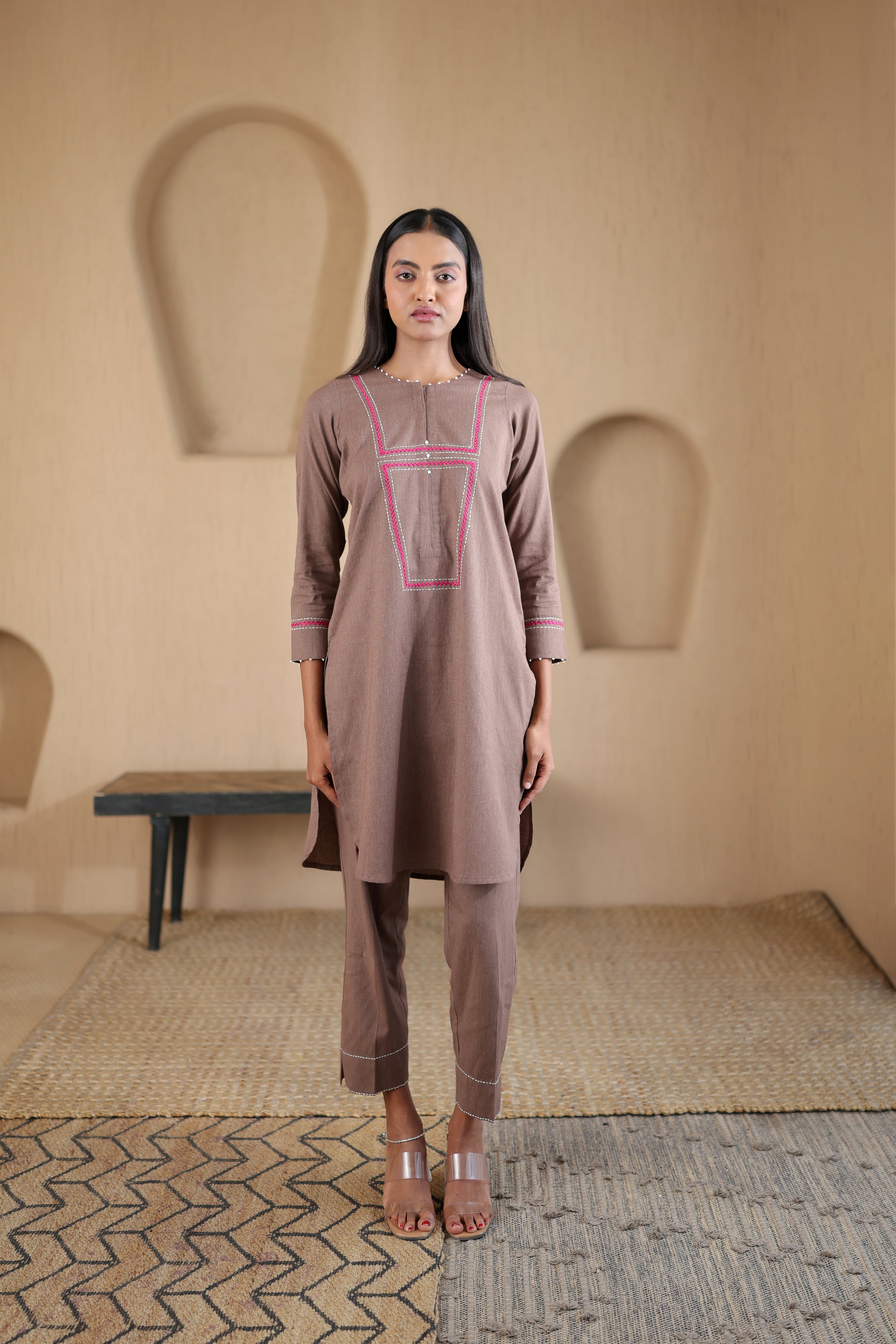 Rahi Co-ord Set with Yoke Detailing - Brown