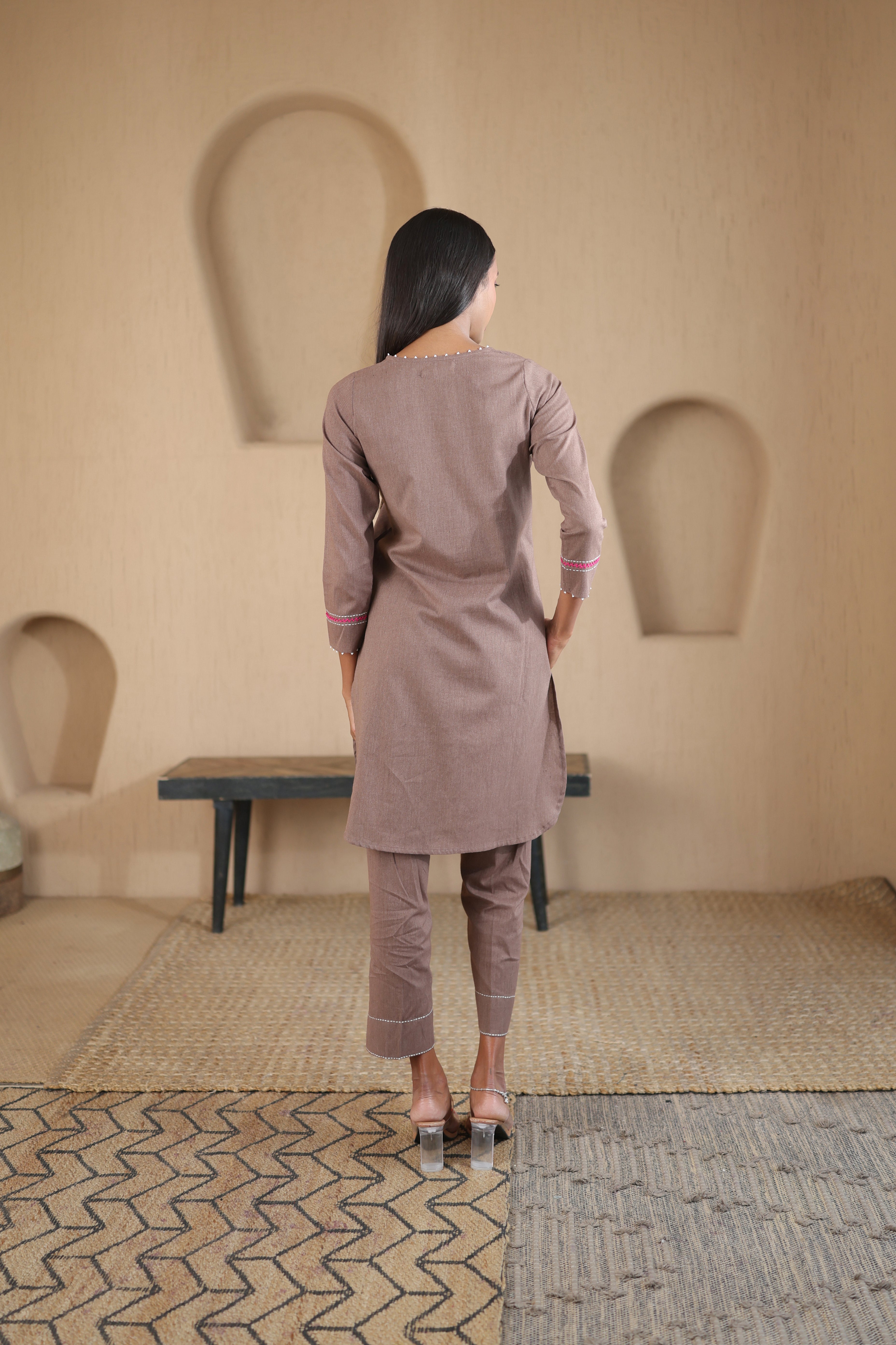 Rahi Co-ord Set with Yoke Detailing - Brown