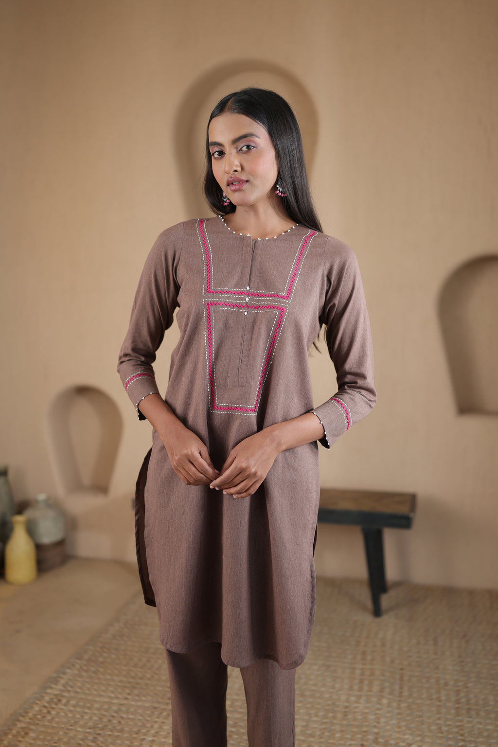 Rahi Co-ord Set with Yoke Detailing - Brown