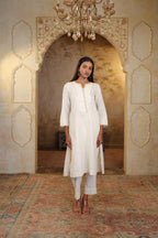 Nura Linen Kurta with Gul Sitara Detailing - Charcoal or Light Buff or Tuscan Beige