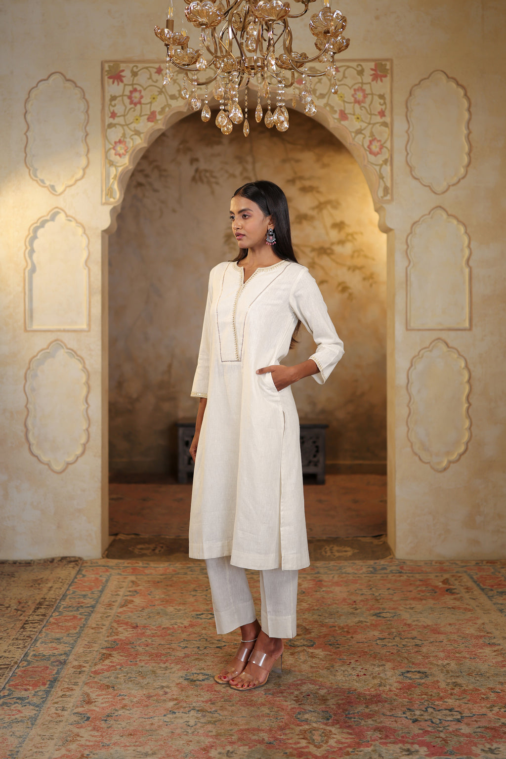 Nura Linen Kurta with Gul Sitara Detailing - Charcoal or Light Buff or Tuscan Beige