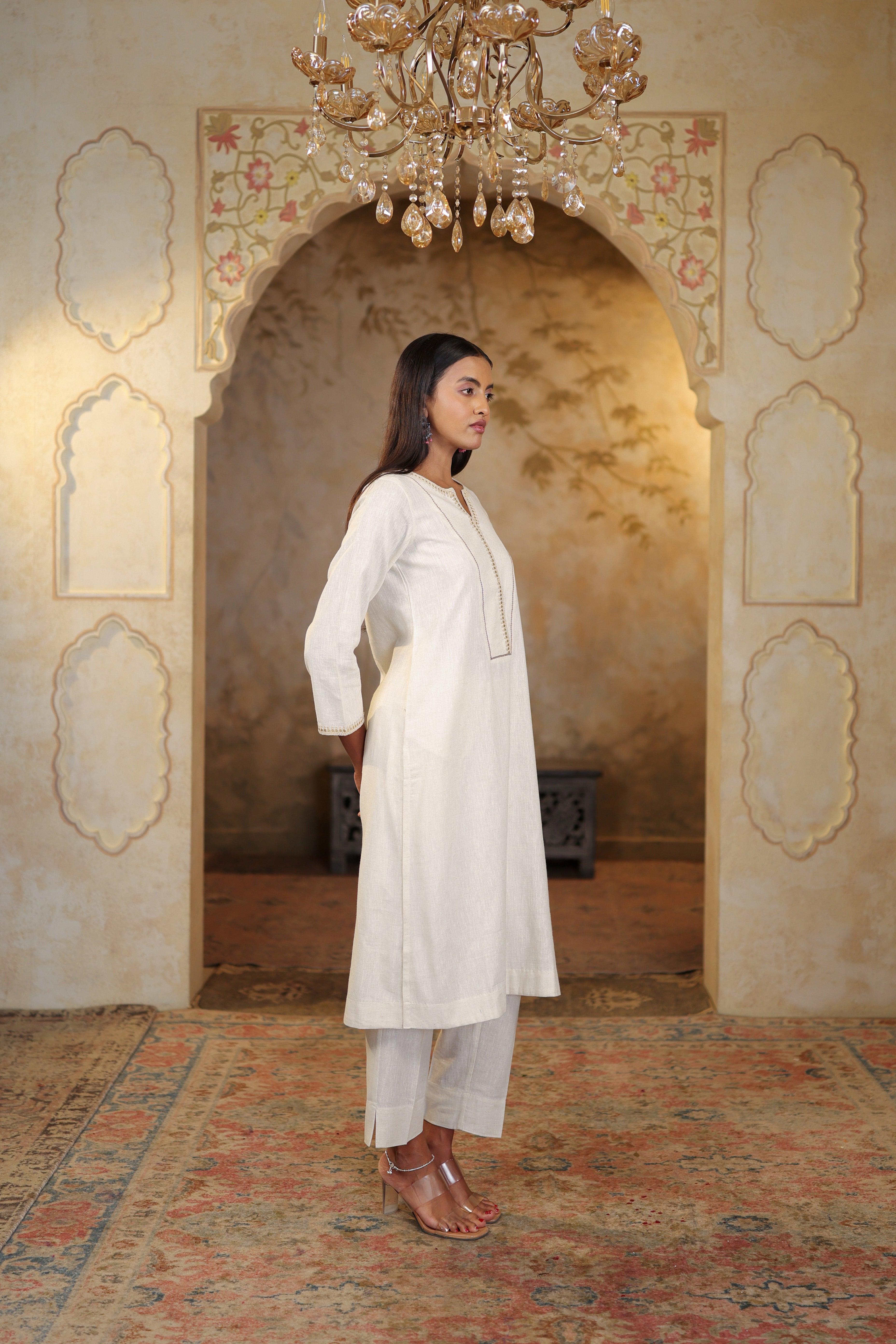 Nura Linen Kurta with Gul Sitara Detailing - Charcoal or Light Buff or Tuscan Beige