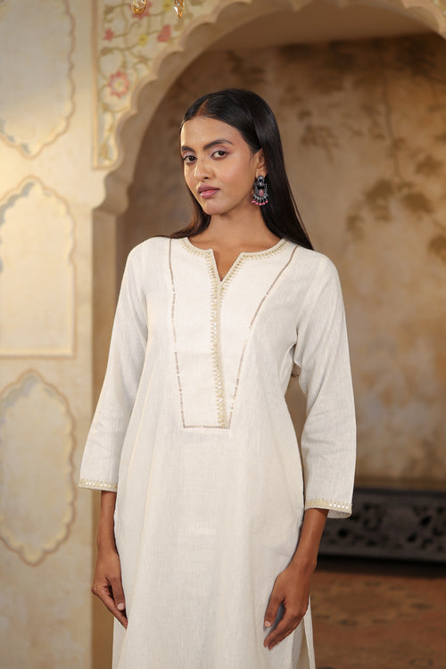 Nura Linen Kurta with Gul Sitara Detailing - Charcoal or Light Buff or Tuscan Beige