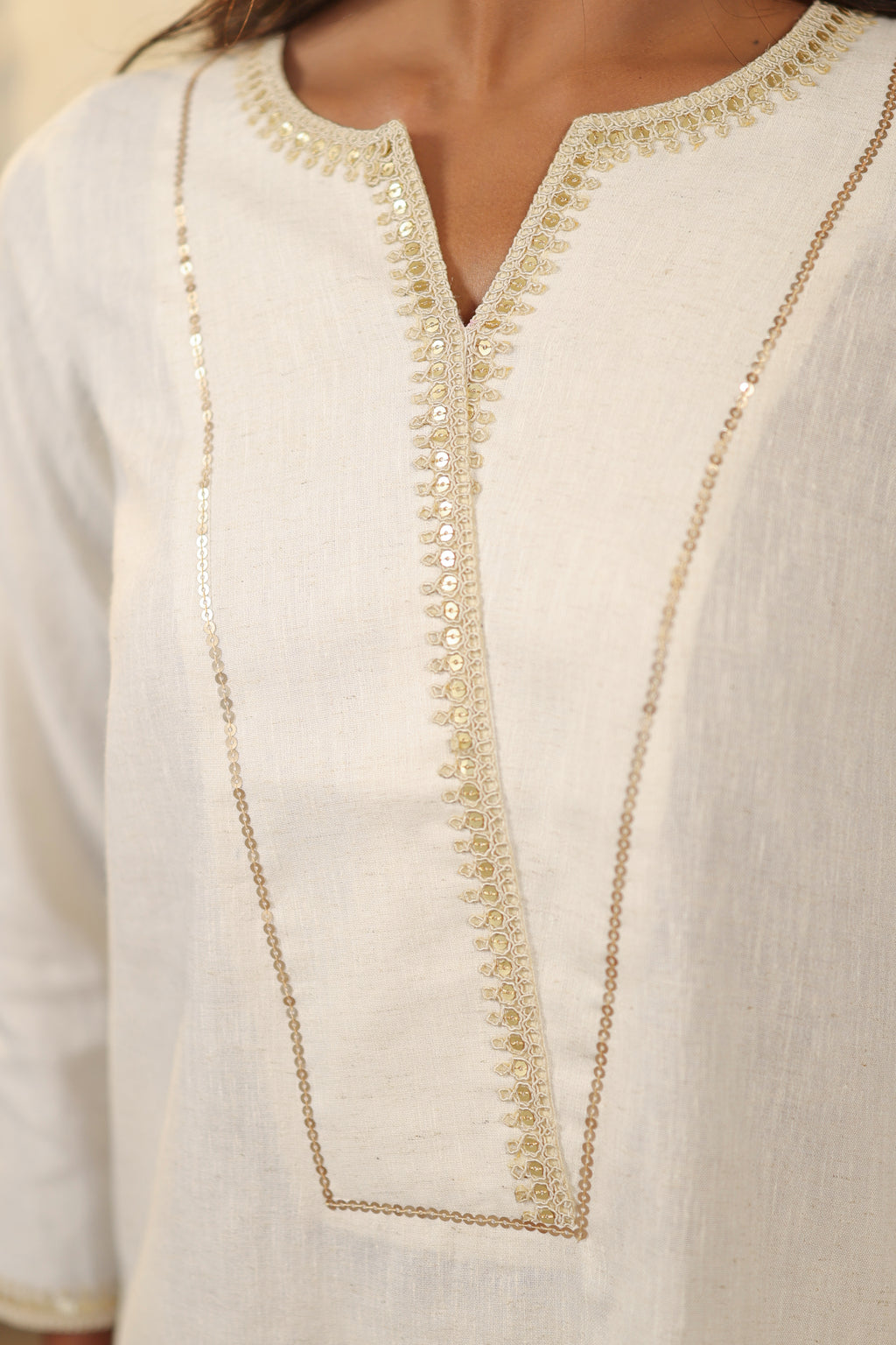 Nura Linen Kurta with Gul Sitara Detailing - Charcoal or Light Buff or Tuscan Beige