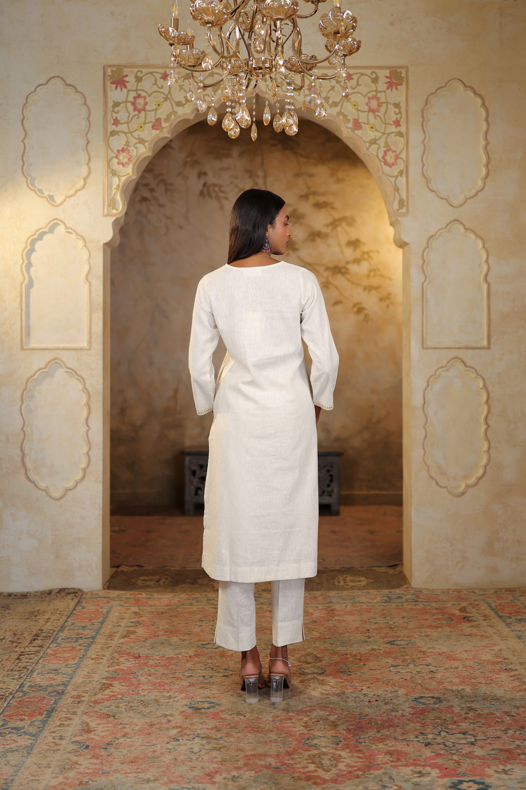 Nura Linen Kurta with Gul Sitara Detailing - Charcoal or Light Buff or Tuscan Beige
