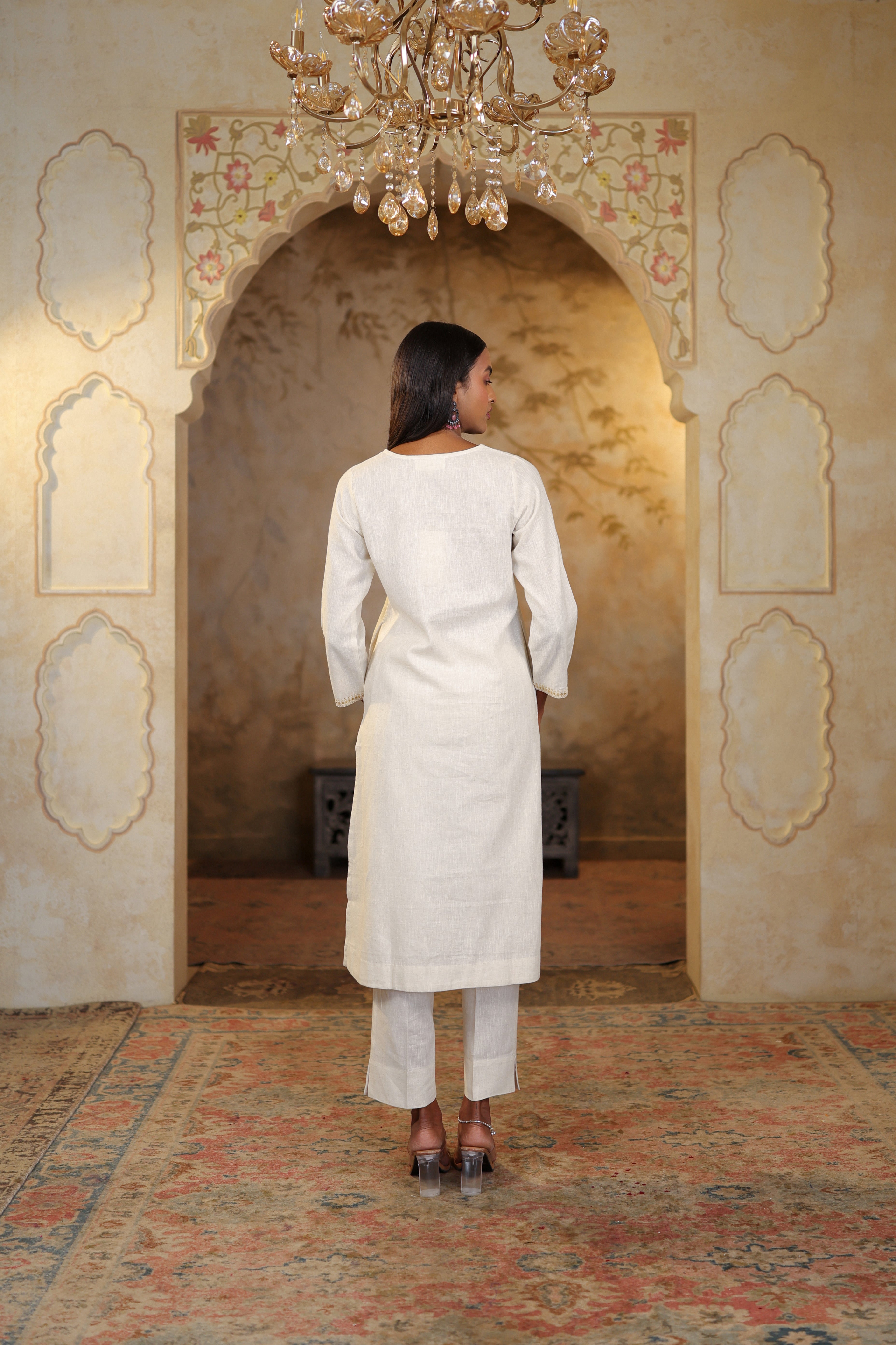 Nura Linen Kurta with Gul Sitara Detailing - Charcoal or Light Buff or Tuscan Beige