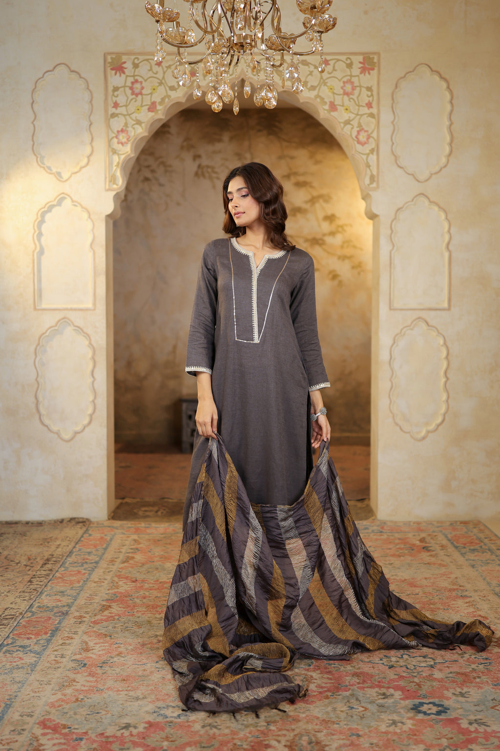 Nura Linen Kurta with Gul Sitara Detailing - Charcoal or Light Buff or Tuscan Beige