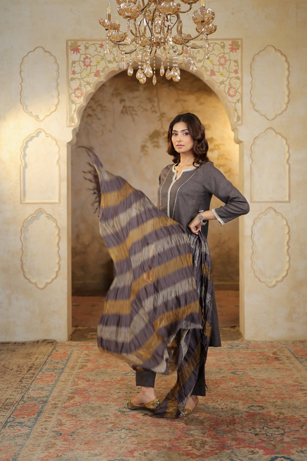 Nura Linen Kurta with Gul Sitara Detailing - Charcoal or Light Buff or Tuscan Beige